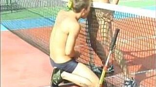 Tennis twinks cock sucking and bareback ass fucking outside - porn video